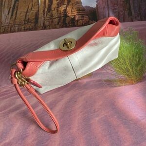 Coach  White & Coral Pink Leather Wristlet Bag Clutch Purse.